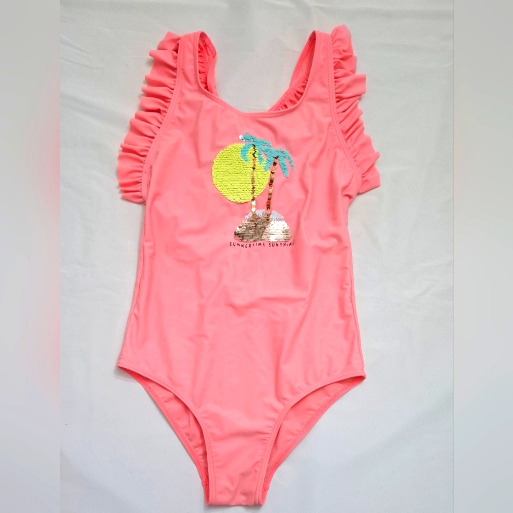 ELV! Girls Bathing Suit (Sz. 16) Orange Ruffled Swimsuit with Reversible Sequins